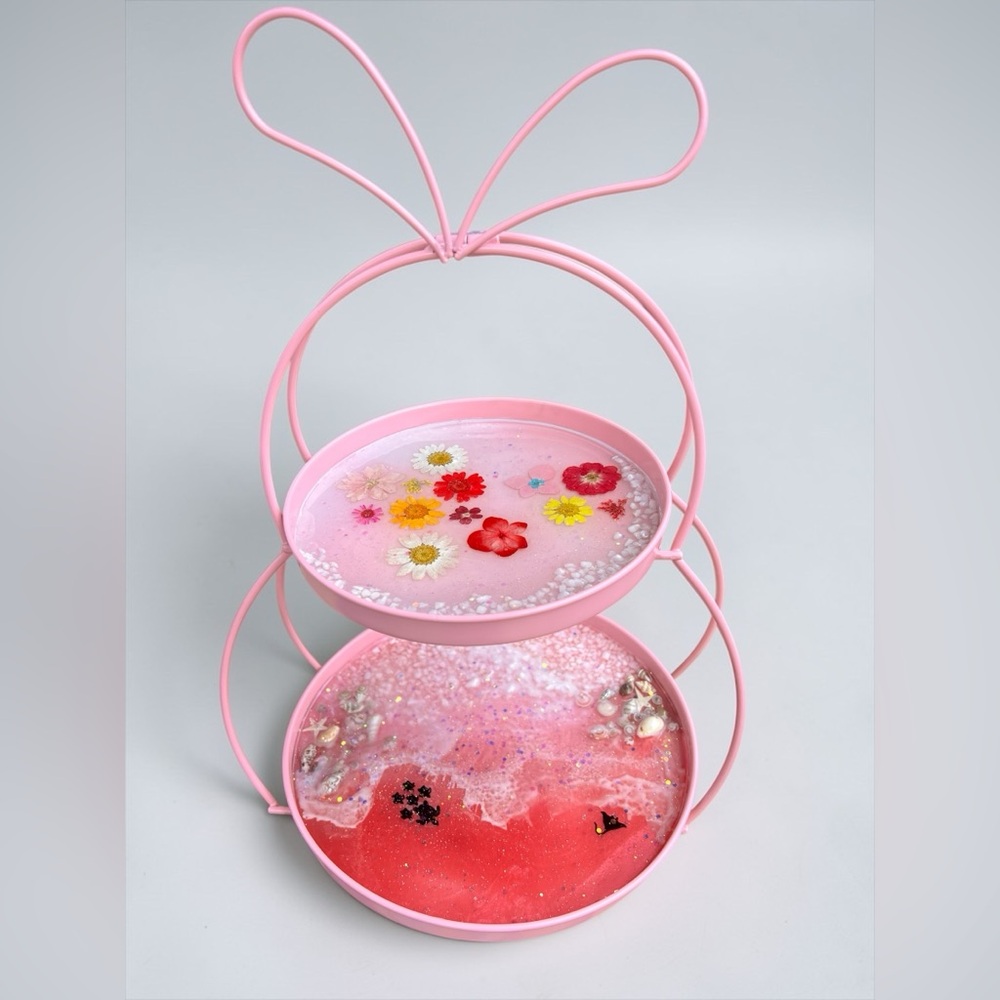 Handmade Pink Two-Tier Decorative Display Tray with Resin Art on both trays.
